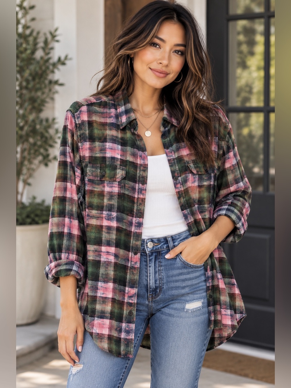 OOAK Upcycled Pink + Green Plaid Flannel – Size Medium